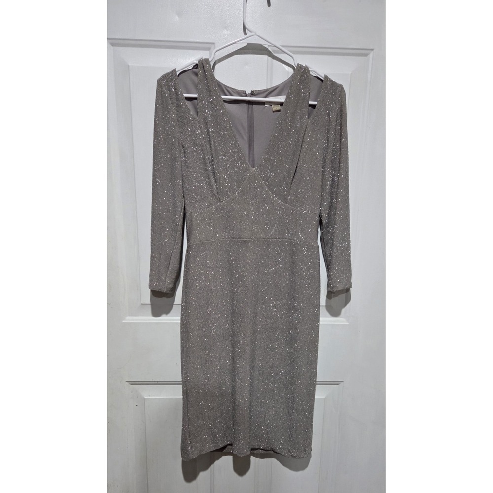 Calvin Klein Shimmering Silver 3/4 Sleeve Cocktail Dress Women Sz 6 Knee Length